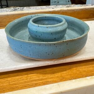 Signed Artisan Handcrafted Pottery Blue Ceramic Olive Oil Dipping Dish